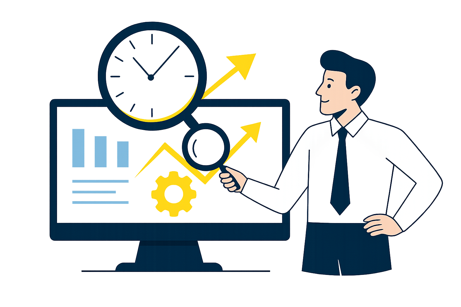 Hombre profesional con lupa analizando gráficos en pantalla, reloj y engranaje como metáfora de auditoría digital.